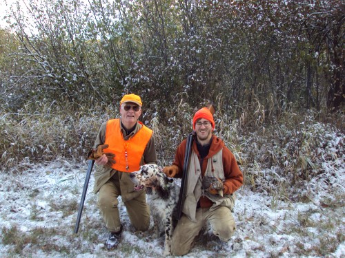 Mike and Jordan ...and Aspen with the first grouse of today's hunt